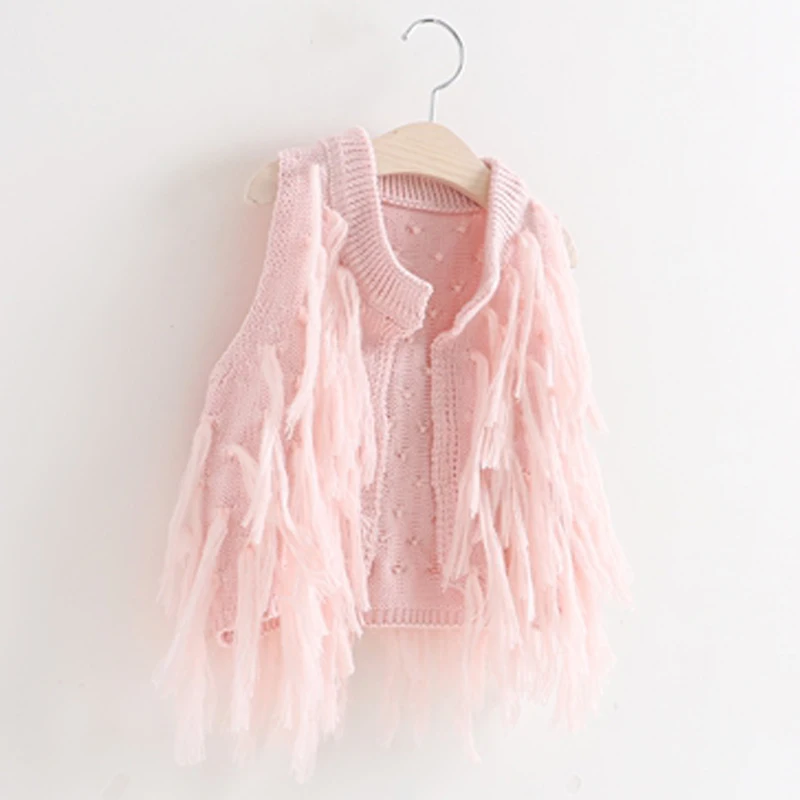 Новейшая жилетка для девочек теплый жилет с бахромой осенняя безрукавка
