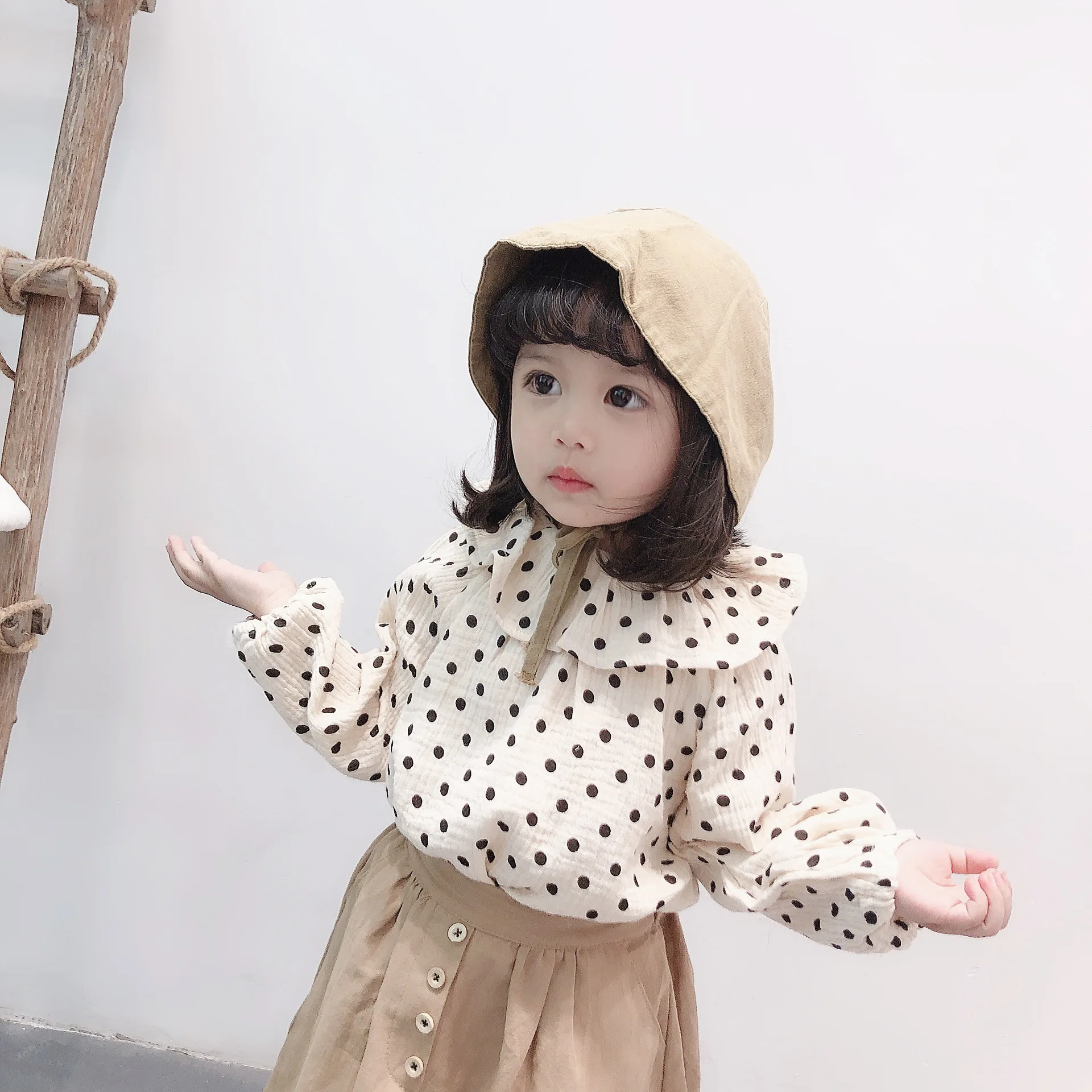 Весна 2019 Детские хлопковые льняные рубашки в горошек с кукольным воротником