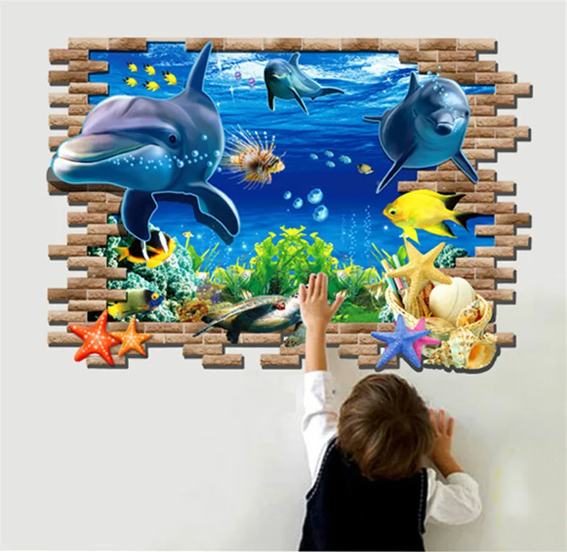 Подводный рыбы Дельфин 3D яркие окна наклейки на стену DIY настенные Ванная комната