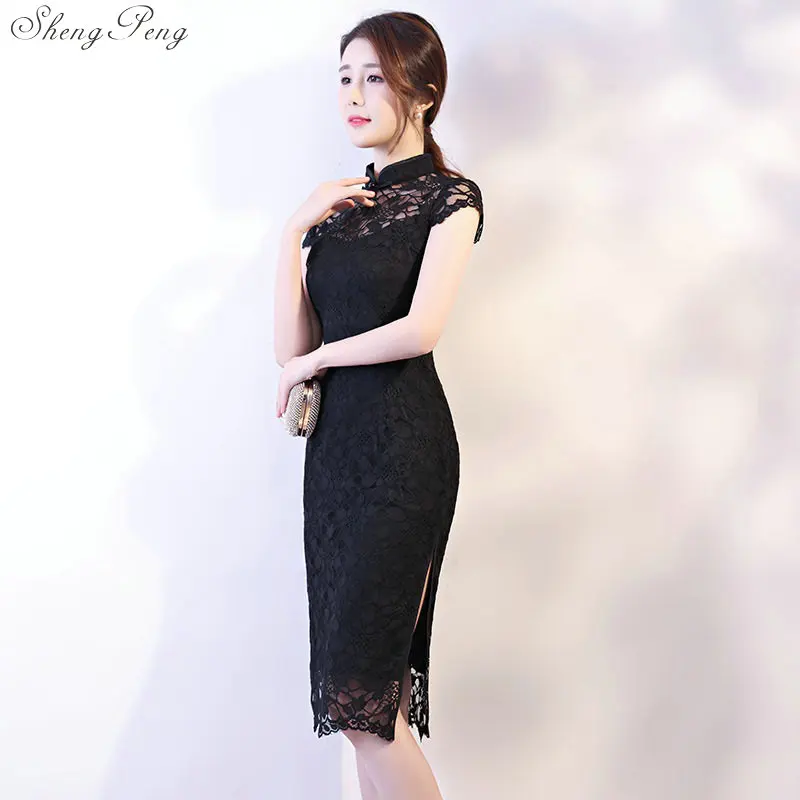 Кружевное китайское платье Ципао длиной до колен восточное с коротким рукавом