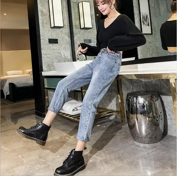 Прямые джинсовые брюки с завышенной талией весна осень 2019 узкие джинсы широкими