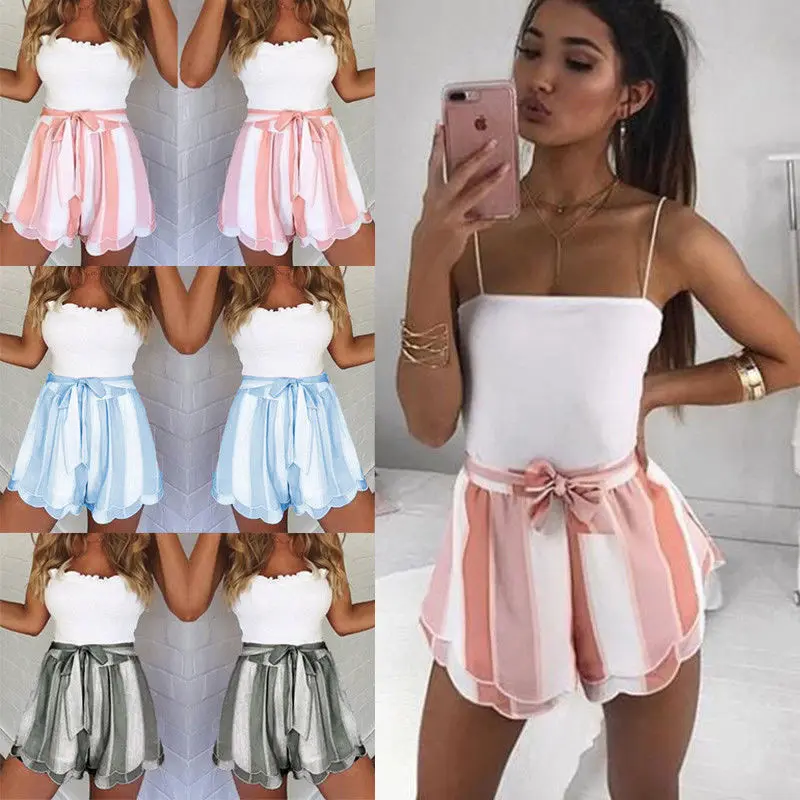 

Women Summer High Waist Shorts Beach Hot Pants Ladies Loose Stripes High Waist Bandage Shorts Short Pant