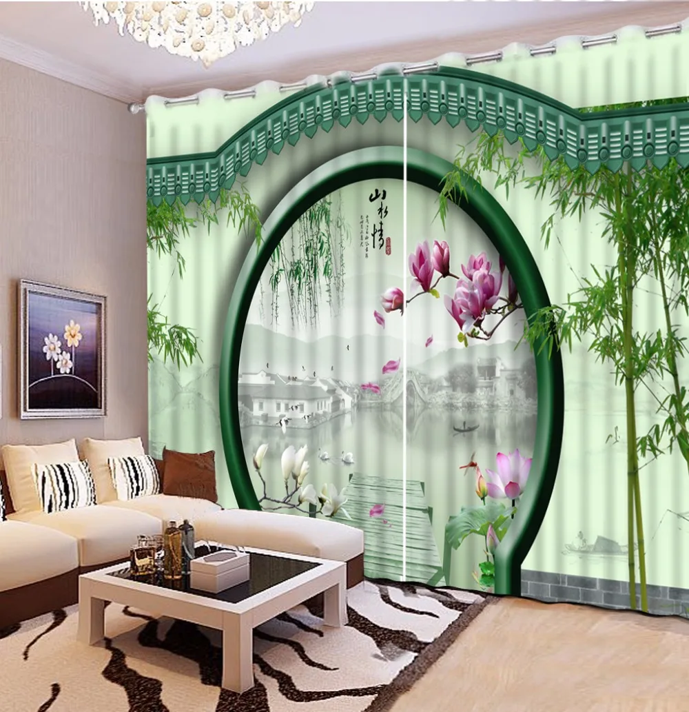 

Luxury Curtains Modern green 3D Curtains For Living Room Blackout Bedroom Window Curtain Bamboo arch Decor Drapes