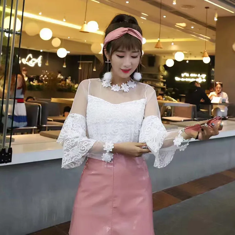 Женская ажурная сетчатая блузка летняя Милая Цветочная кружевная рубашка с