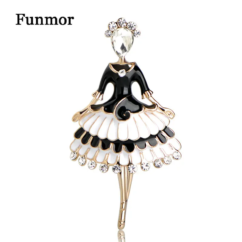 

Funmor Black Enamel Princess Fairy Shape Brooch Gold Color Crystal Ballet Girl Banquet Dress Accessories Women Girl Brooches Pin