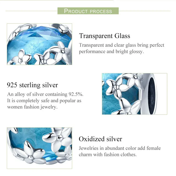 WOSTU New 925 Sterling Silver Daisy Blue Glass Beads Fit Charm Bracelet Necklace DIY Silver Jewelry Making Gift CQC878