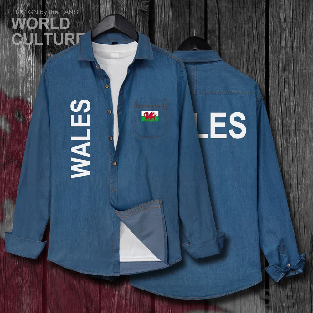 

Wales Cymru Welsh WLS UK Men clothes Autumn Slim Cotton Turn-down Collar Jeans Shirt Long Sleeve fashion Cowboy Coat Flags Tops