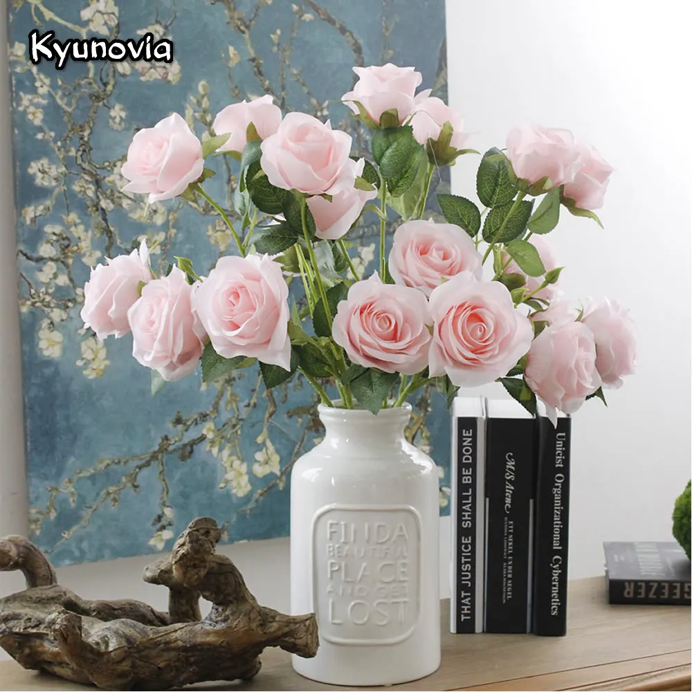 

Kyunovia 3 Heads Rose Branch Long Stem Artificial Wedding Decoration Flowers Home Hotel Table Flower Arrangements KY112