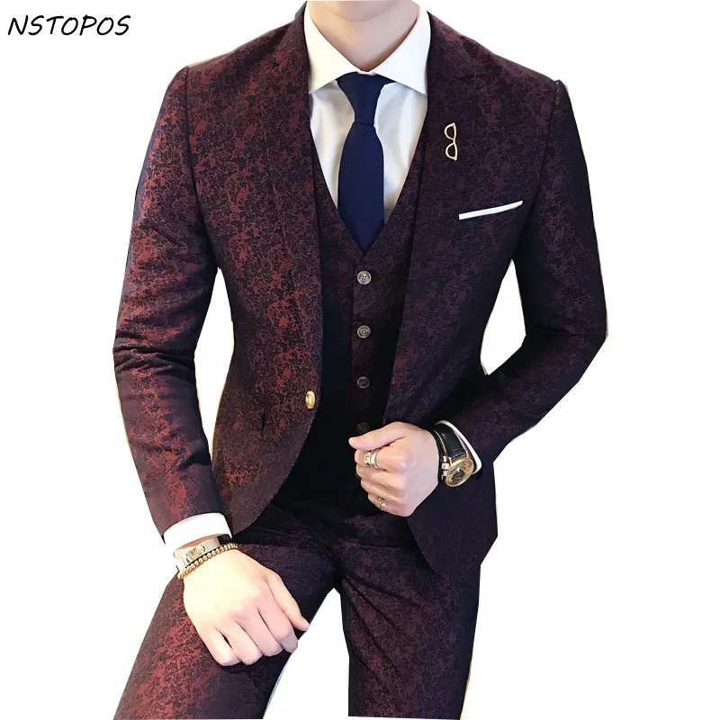 Смокинг Пейсли 3 шт жаккардовый костюм 3XLLuxury винно-красный Mariage Homme мужские