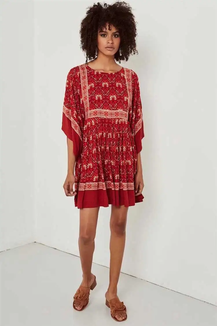Boho Новое красное Цветочное платье-кимоно из вискозы с рукавом, свободное Летнее мини-платье с круглым вырезом, плиссированное богемное шикарное праздничное уличная женская одежда