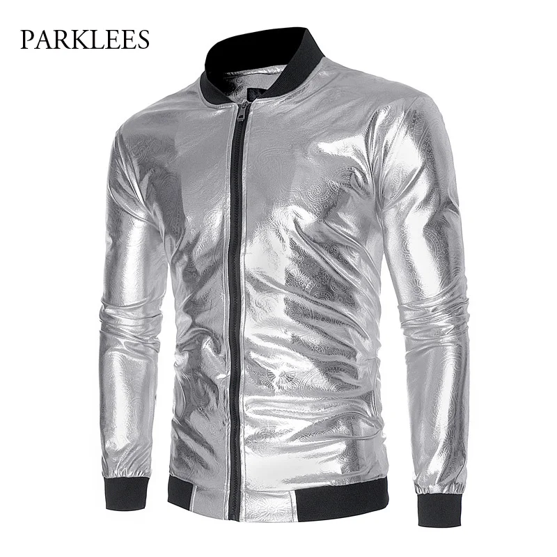 Блестящая серебряная металлическая бейсбольная куртка Мужская Стильная