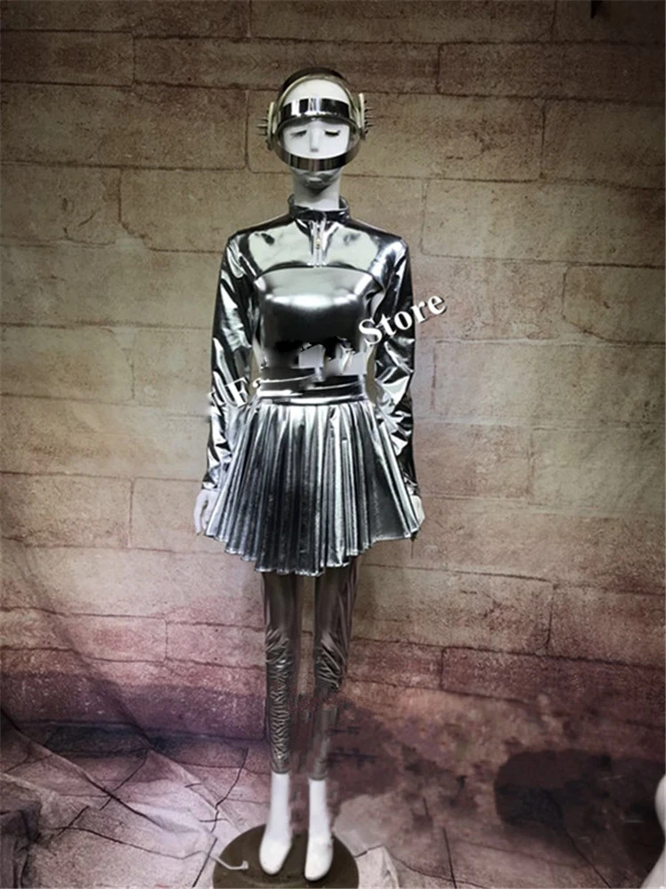 Серебряный космический робот костюм бальный танец певица сценическое шоу одежда