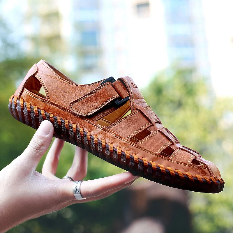 99006Red-Brown Новинка; летние мужские сандалии; коллекция года; пляжная мужская повседневная обувь для отдыха; высококачественные сандалии из натуральной кожи; мужские сандалии; большие размеры 38-47 - Цвет: 99006Red-Brown