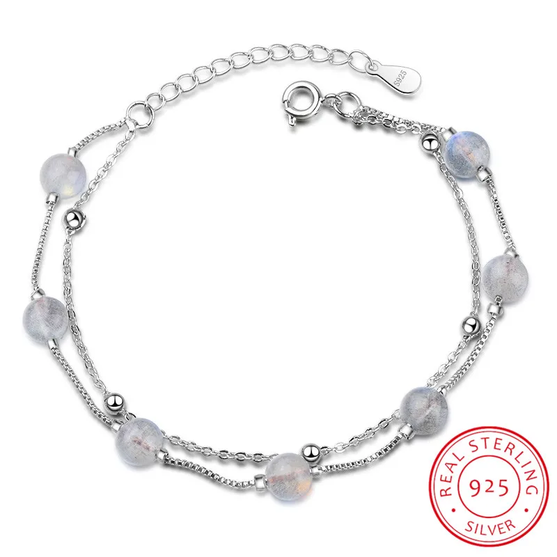 Seven Beads Реальные. 925 пробы серебряные ювелирные изделия натуральный серый лунный камень/камень по дню рождения Круглый браслет двойной слой регулируемый - Цвет камня: Seven Beads