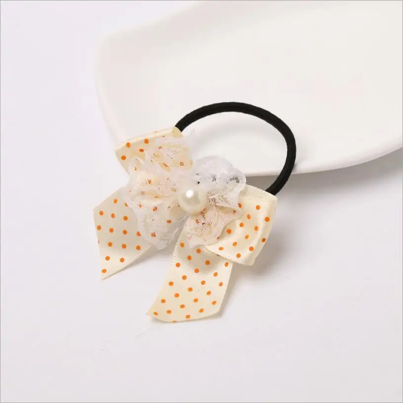 Детские резинки для волос в горошек с кружевным принтом и бантом жемчужные