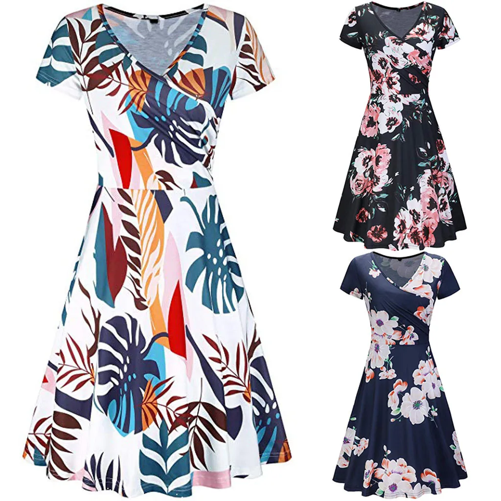 Женское платье трапециевидной формы Boho с v-образным вырезом и коротким рукавом