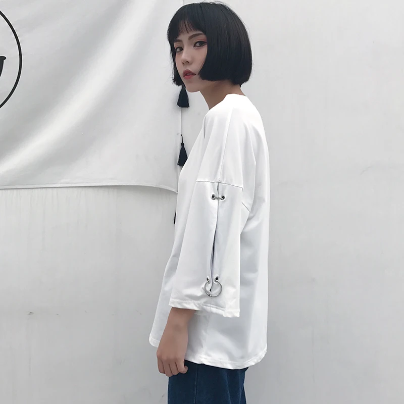 Летняя футболка женская с длинным рукавом Harajuku Повседневная футболка корейский стиль Ulzzang уличная футболка размера плюс женская одежда 50G0026