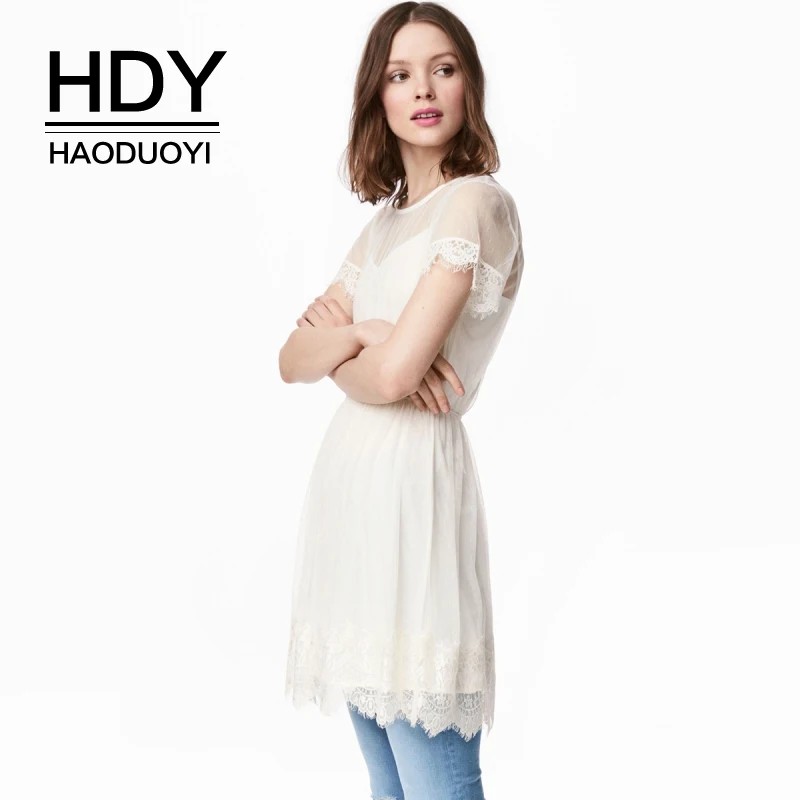 HSY Haoduoyi белое прозрачное Сетчатое контрастное женское платье с коротким рукавом