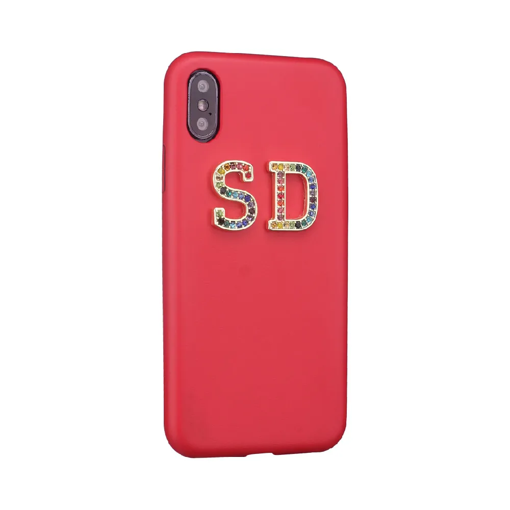Red Leather Case Стразы, бриллианты, кристалл, металл, индивидуальные инициалы, гладкий тонкий кожаный чехол для iPhone 11 Pro 6S XS Max XR 7 7Plus 8Plus X - Цвет: Red Leather Case