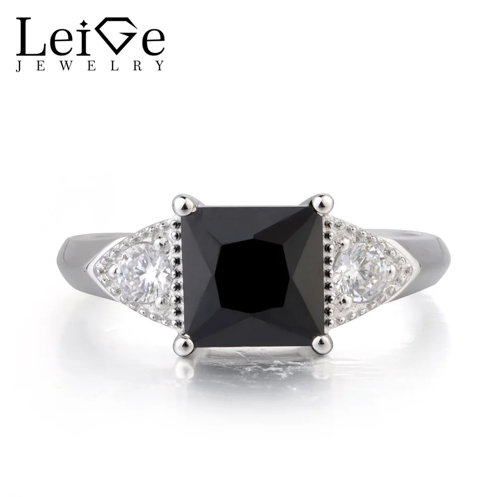

Leige Jewelry Nature Black Spinel Ring Cocktail Party Ring Princess Cut Black Gemstone 925 Sterling Silver Xmas Gifts for Women