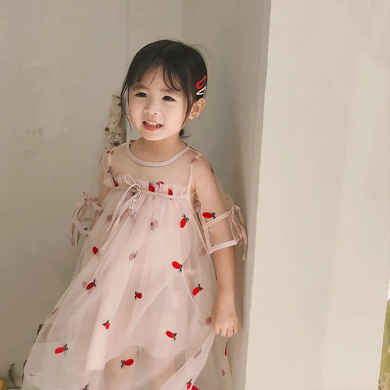 2019 Summer New Arrival korean style pineapple embroidered princess all-match short sleeve dress for cute sweet baby girls | Детская