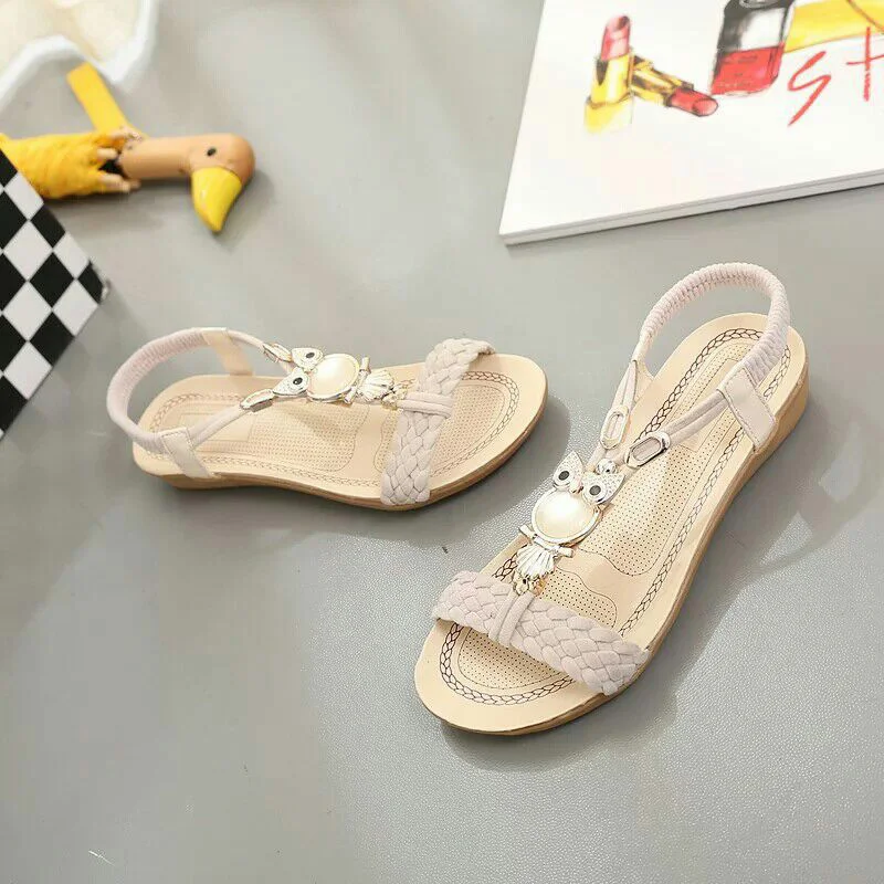 

Women Comfy Flat Sandals Weaving Owl Decoration Shoes for Summer Beach MC889