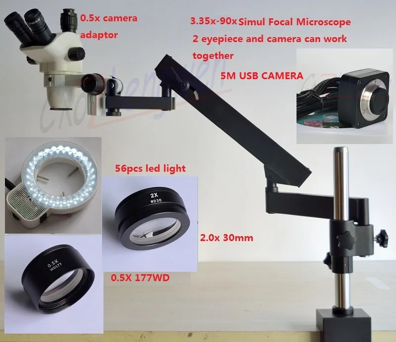 FYSCOPE 3.35X-90X Стерео Зум симул фокусный микроскоп + Артикуляционная подставка с