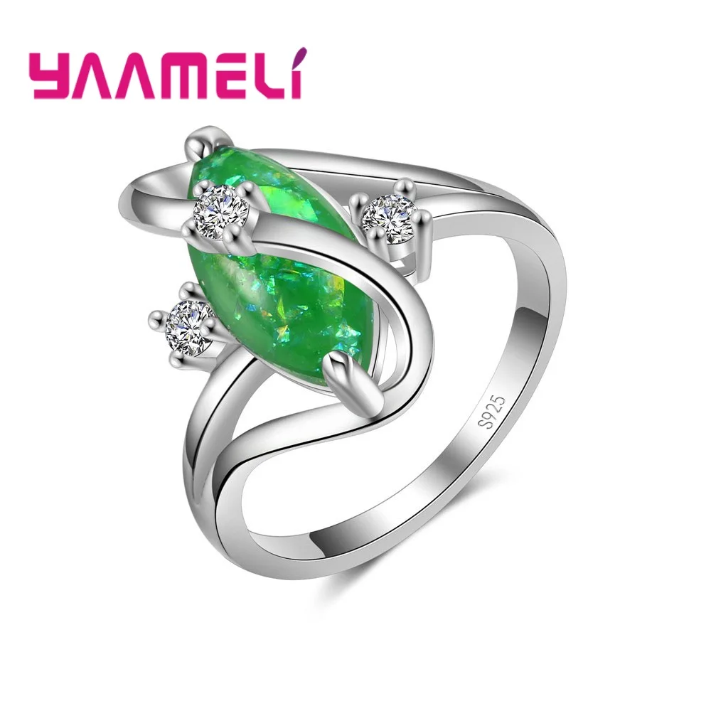 

Free Shipping Sharp Oval Green CZ Rings Women Party Jewelry Gift Full Size Wholesale 925 Sterling Silver Wedding Ring