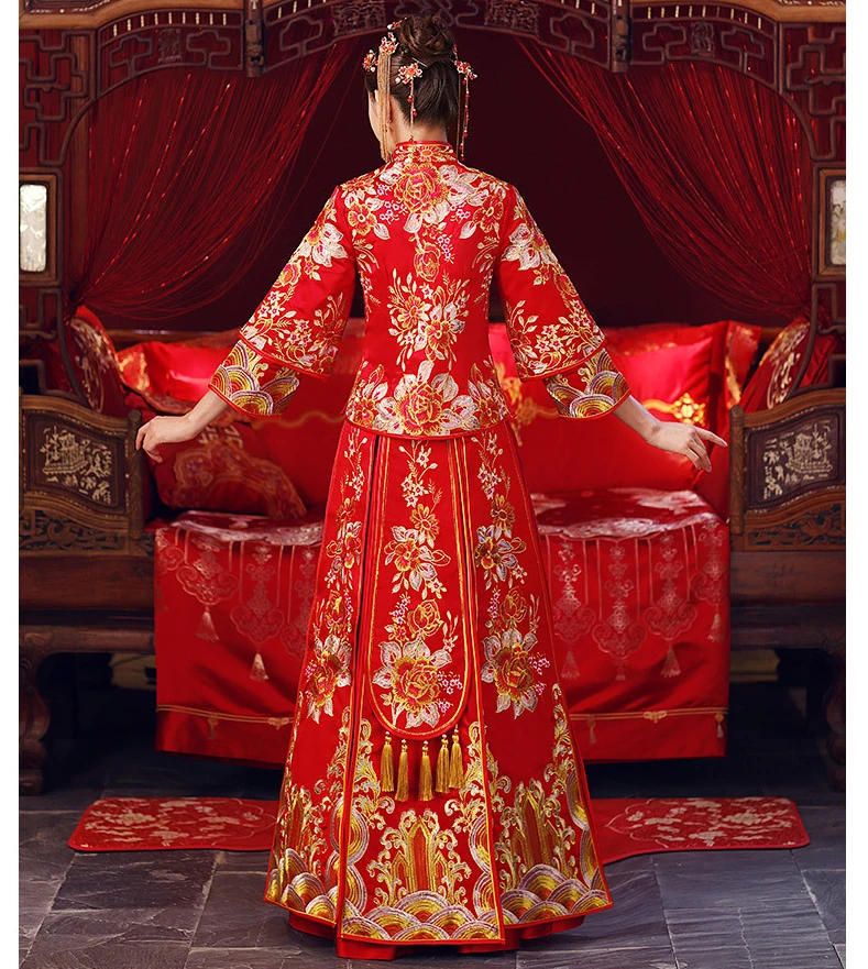 

Red Chinese Wedding Bride Cheongsam Traditional Style marry Evening Dress Embroidery Long Qipao Womens Clothing Size S - 3XL