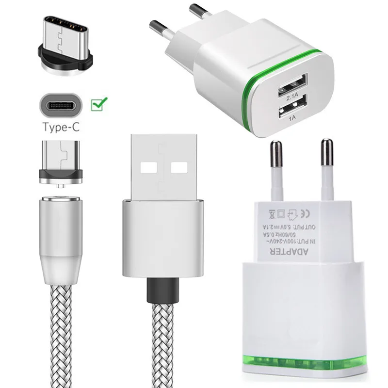EU charger and cable Для samsung galaxy Xcover 4S S8 S10 A60 A80 Магнитный Тип C кабель для зарядного устройства 2 Порты светодиодный легкое Зарядное устройство USB htc 10 Xiaomi Mi 9 Honor 8 lite - Тип штекера: EU charger and cable