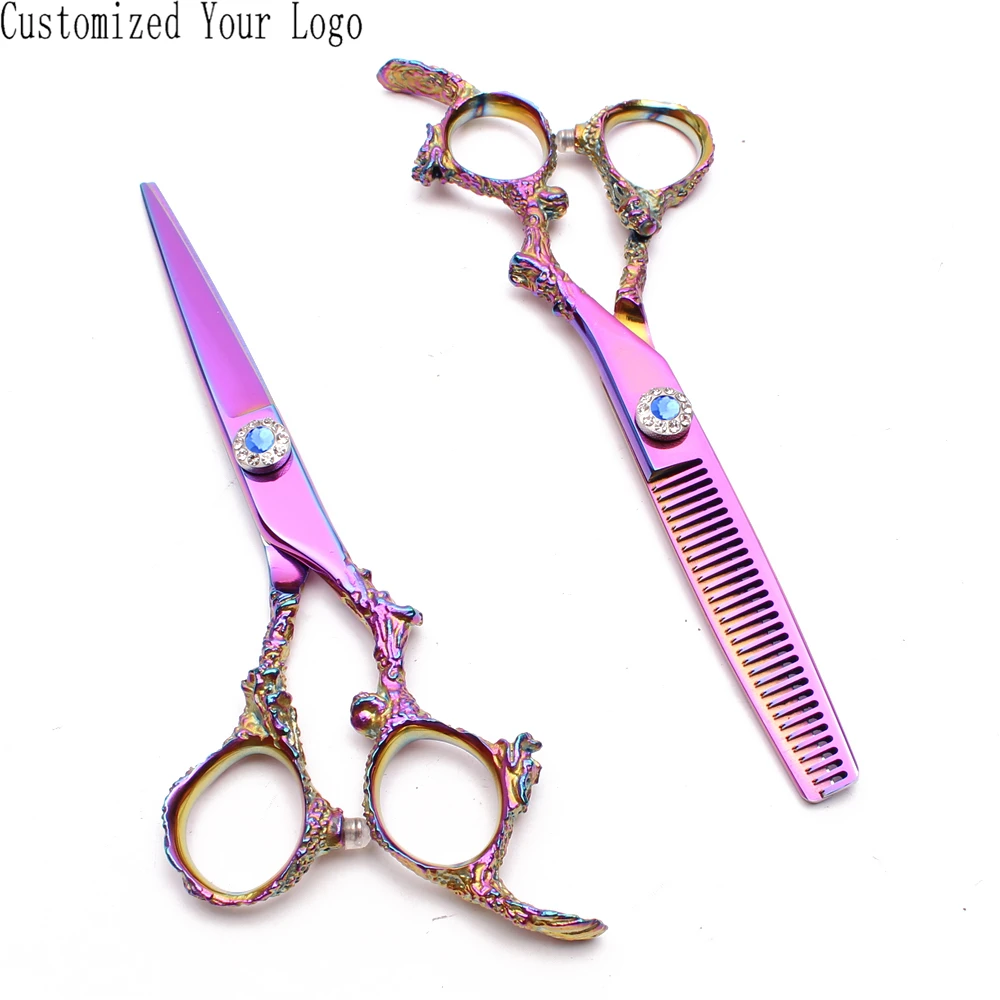 5.5&quot 440C Customized Logo Multi-Color Hairdresser's Scissors Straight Thinning Shears Professional Hair C9005 | Красота и