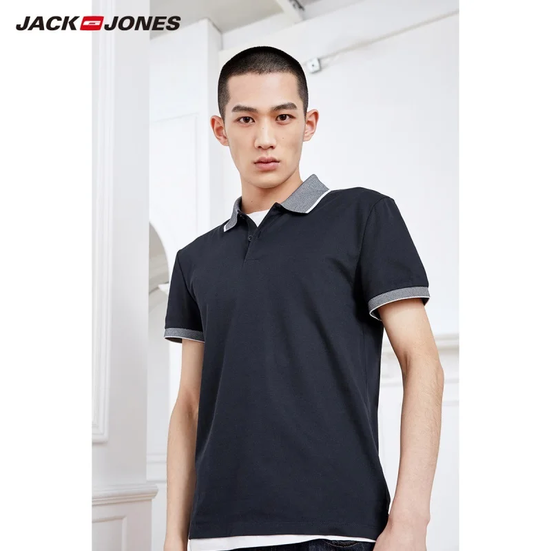 JackJones мужская хлопковая рубашка поло с коротким рукавом и контрастным отложным воротником 219206501