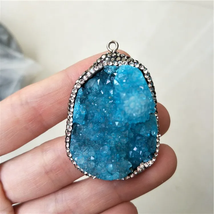 

Diamond encrusted rainbowl coated crystal quartz aura quartz cluster pendant titanium blue pendant for her gift