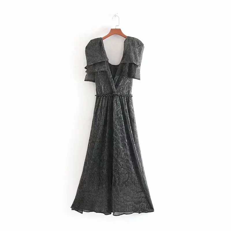 Plus Size Knit Dress Women Sexy Party Shining Maxi Dresses V-neck Ruffles Sleeve Backless Glitter Sliver Vestidos | Женская одежда