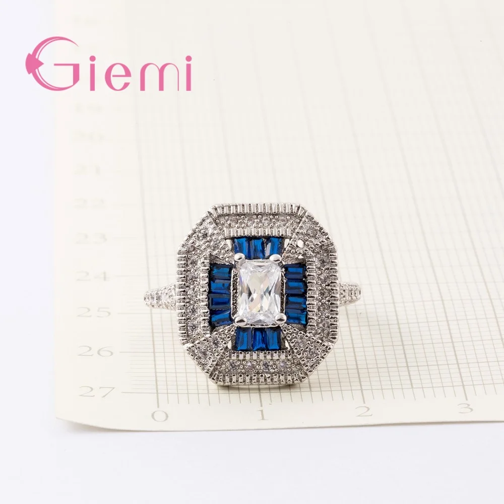 

New Arrival AAA Bule Crystal Geometric Patterns Silver Big Square Ring For Women Female Party Jewelry
