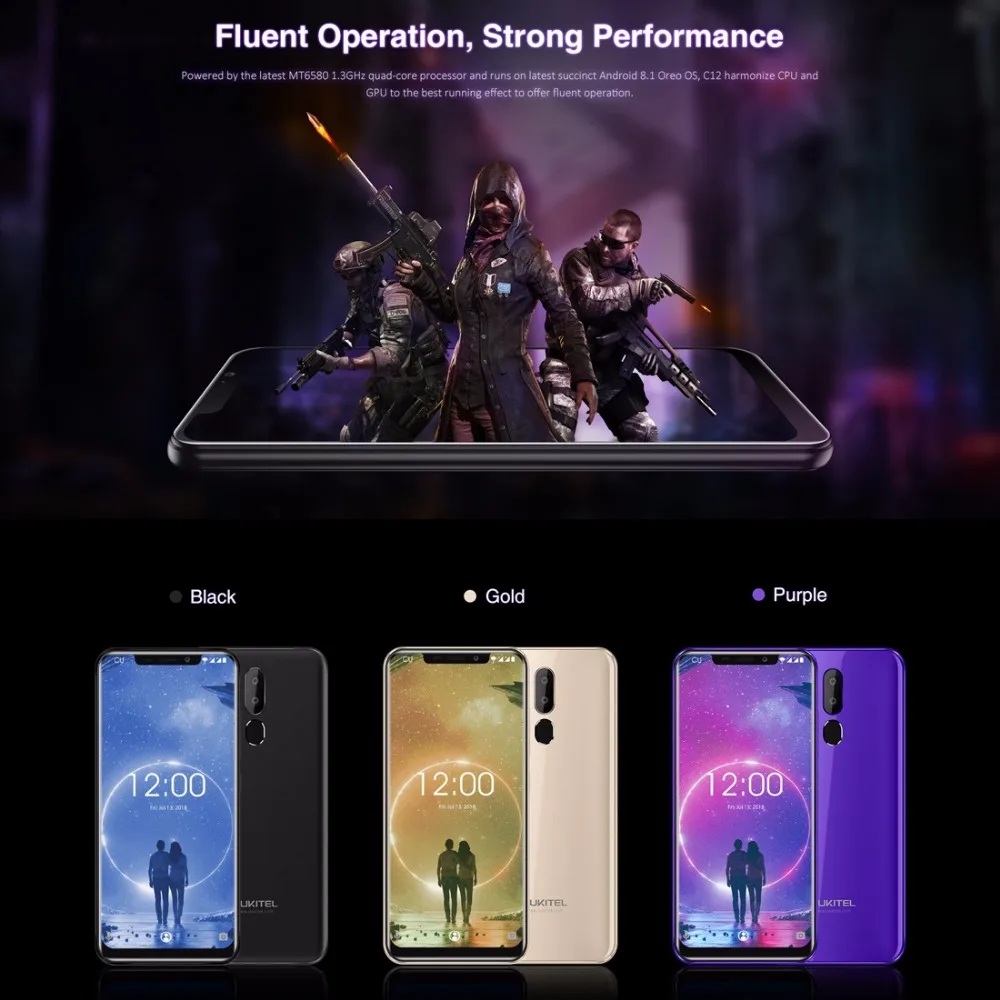 Oukitel C12 Mobile 6 18 &quot19:9 u-вырезка Дисплей Смартфон Android 8 1 MT6580 3 GHz 2 GB Оперативная память