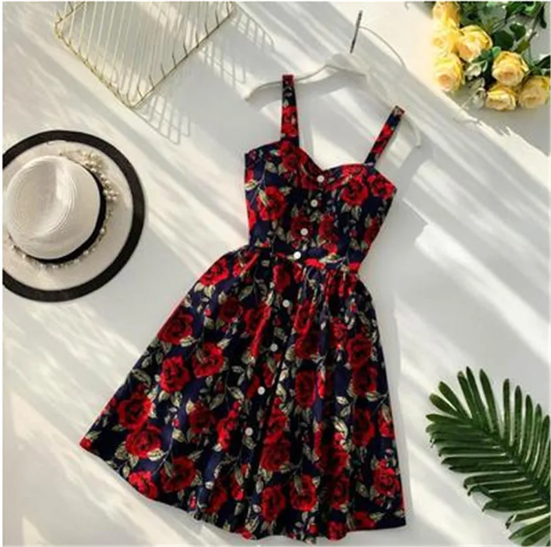 Boho винтажное Короткое мини-платье с цветочным принтом на бретельках, вечерние повседневные женские пляжные ретро платья в горошек