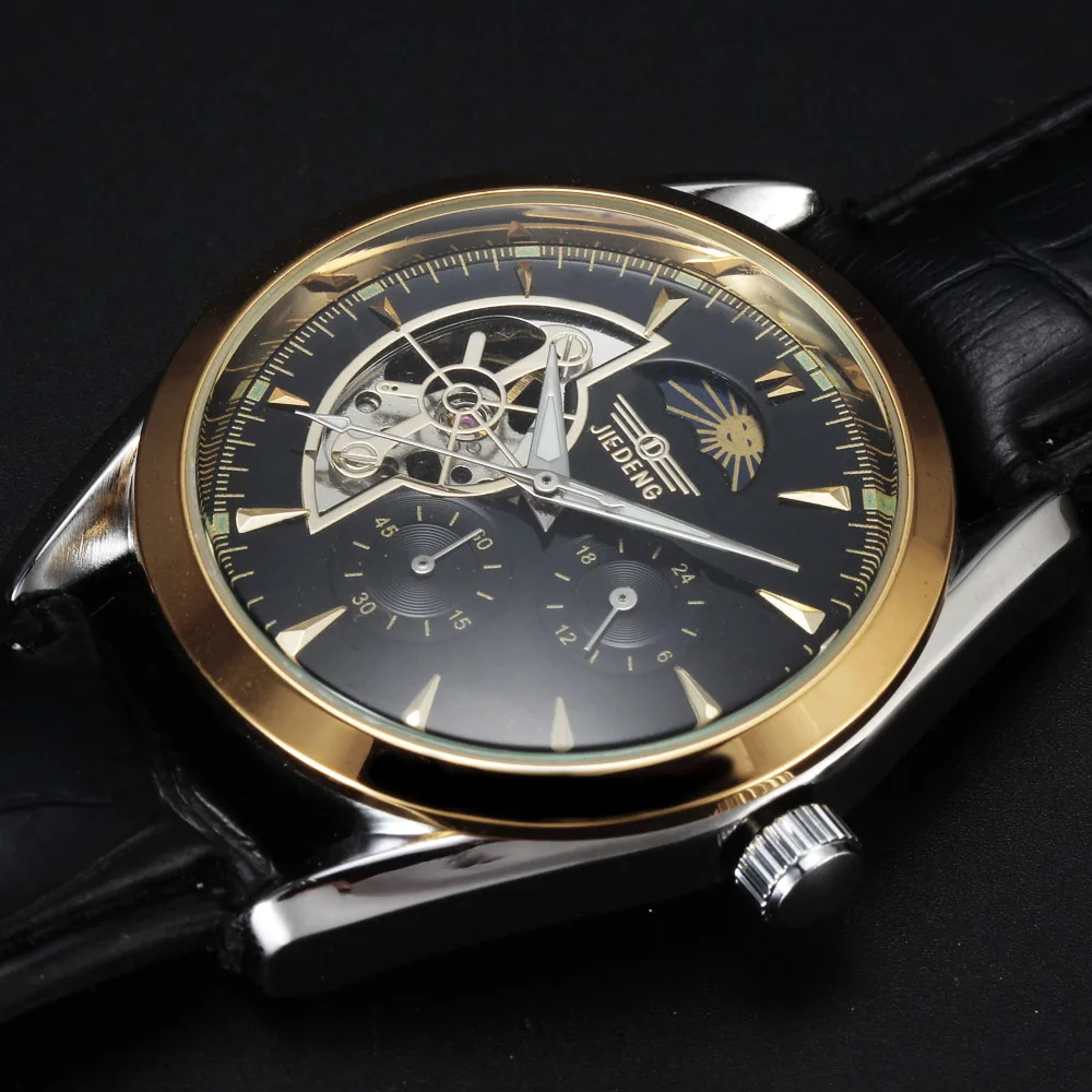 Топ бренд Мужская мода Tourbillon Moon Phase 24 часа/60 мин суб-циферблат кожаный ремешок автоматические механические мужские наручные часы