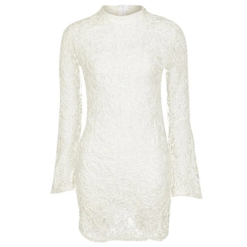 Лето-осень мини-платье крючком Кружево дамы белый длинными расклешенными