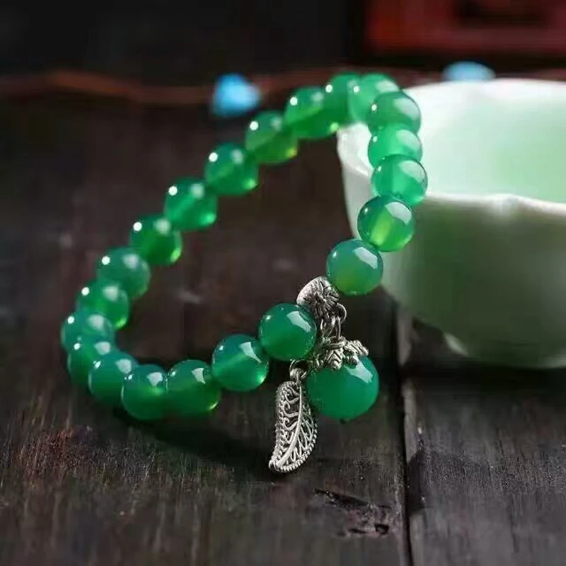 Green Crystal Bracelets Round 8mm Beads Lucky Tibetan Silver Leaf Transfer Ball Pendant for Women Girl Bracelet | Украшения и