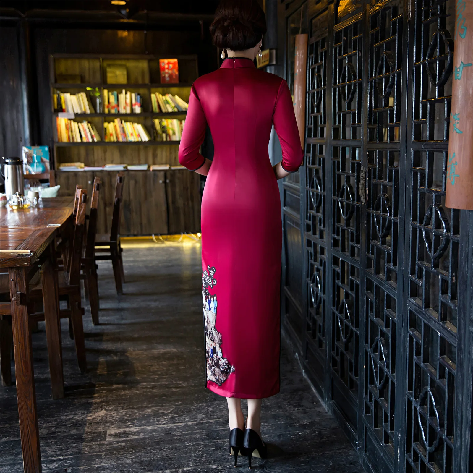 Женское длинное шелковое платье Ципао с длинным рукавом и вышивкой хлопковое