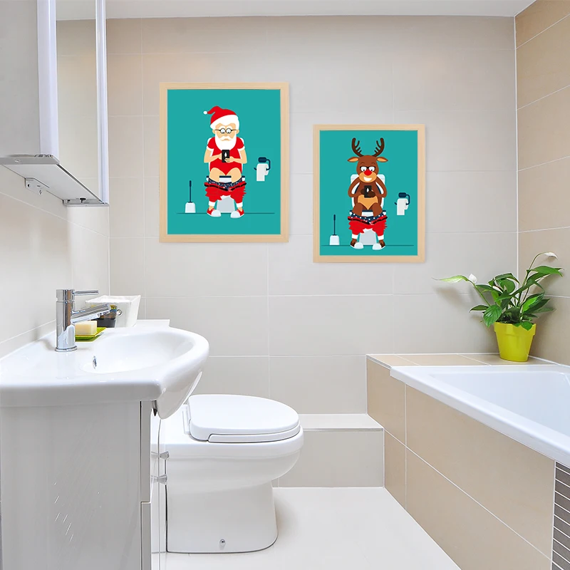 Christmas Bathroom Abstract Art CartoonPoster Canvas Posters Prints Santa Claus Wall Picture Nordic Print Decor Painting | Дом и сад