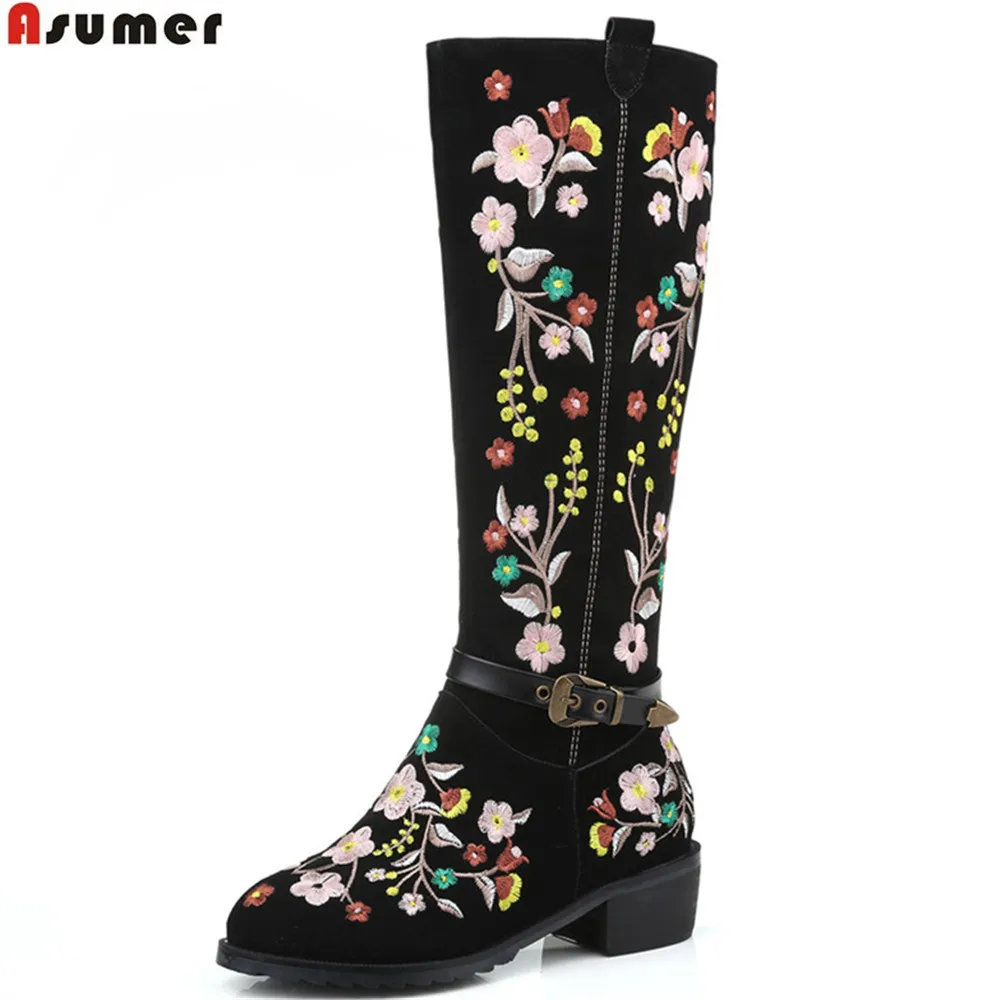 

ASUMER 2020 winter new arrive women boots flock zipper embroider square heel ladies boots buckle knee high boots big size 34-46