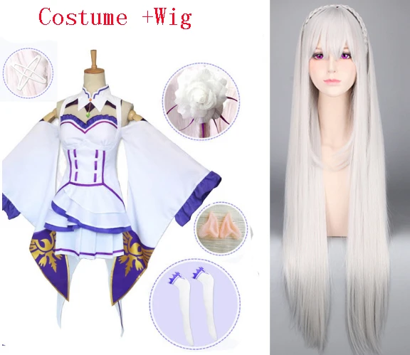 costume and wig Re Zero Hajimeru Isekai Seikatsu Emilia, парики, костюмы для косплея, женское платье с головным убором для Хэллоуина, вечерние - Цвет: costume and wig