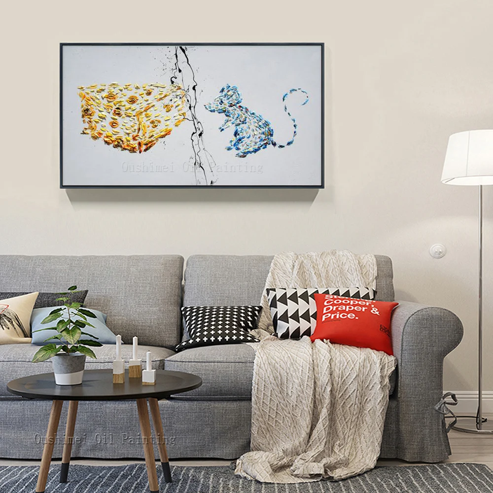 Artist Pure Handmade Funny Design Mouse and Cheese Oil Painting On Canvas Modern Abstract Lovely For Living Room | Дом и сад