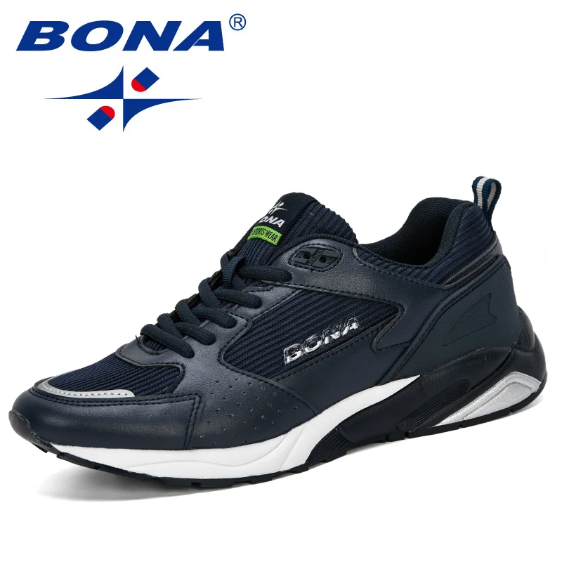 Deep blue silvergray BONA/ г., мужская повседневная обувь дышащая для досуга обувь Tenis Masculino Adulto легкие удобные сетчатые мужские кроссовки - Цвет: Deep blue silvergray