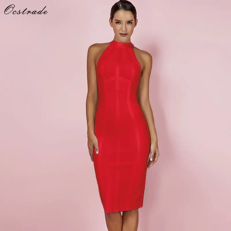 

Ocstrade Red Christmas Bandage Dress Bodycon New Year Dresses for Women 2019 Sexy Striped High Quality Midi Bandage Dress Party