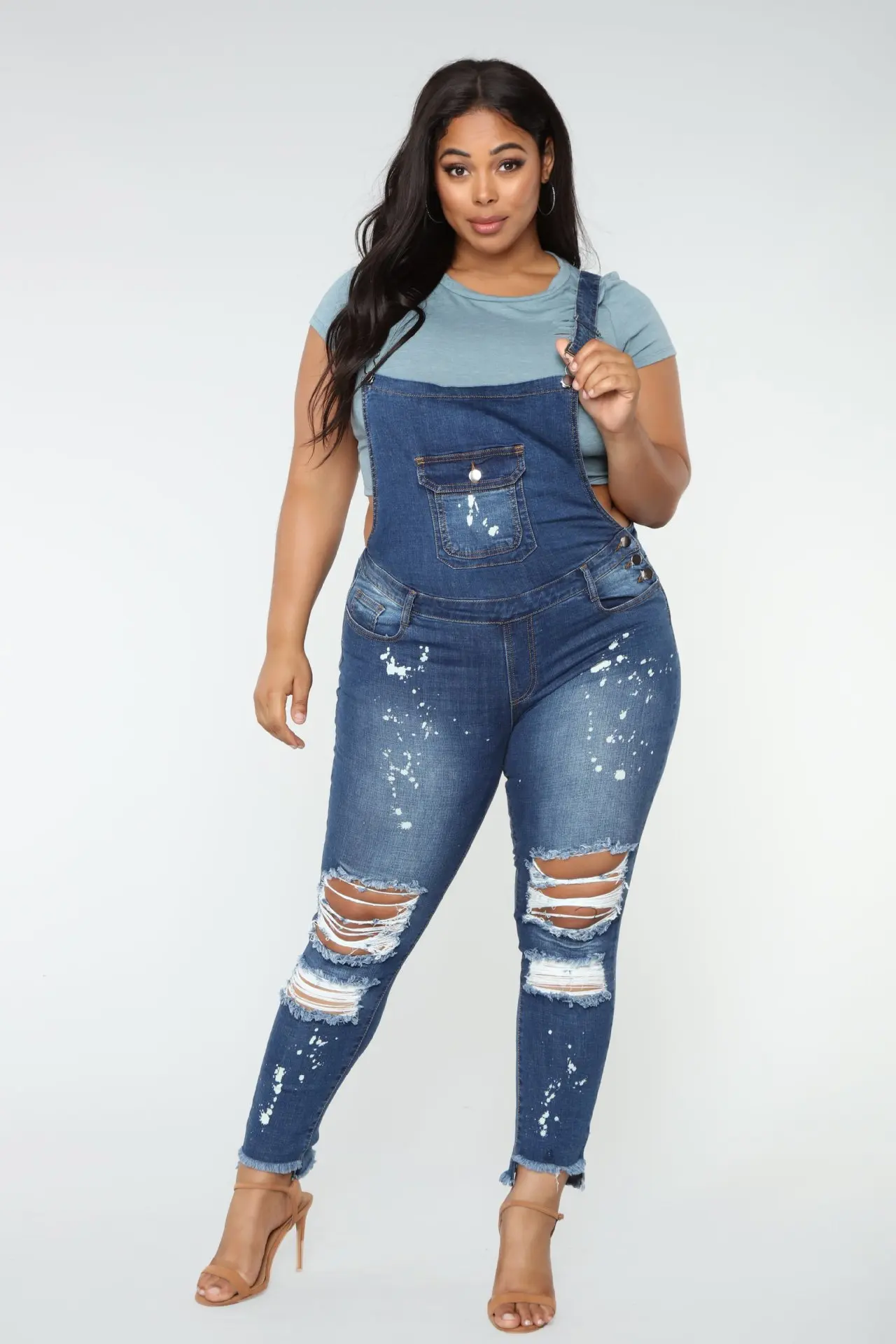 QMGOOD 2018 Women Overalls Plus Size Cool Denim Jumpsuit Straps Ripped Jeans Trousers Skinny Stretch High Waist Female XL |