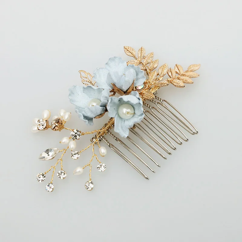 Luxury 4pcs Blue Flower Hair Combs Headdress Prom Bridal Wedding Hair Accessories  Leaves Hair Jewelry Pearl Hair Pins images - 6