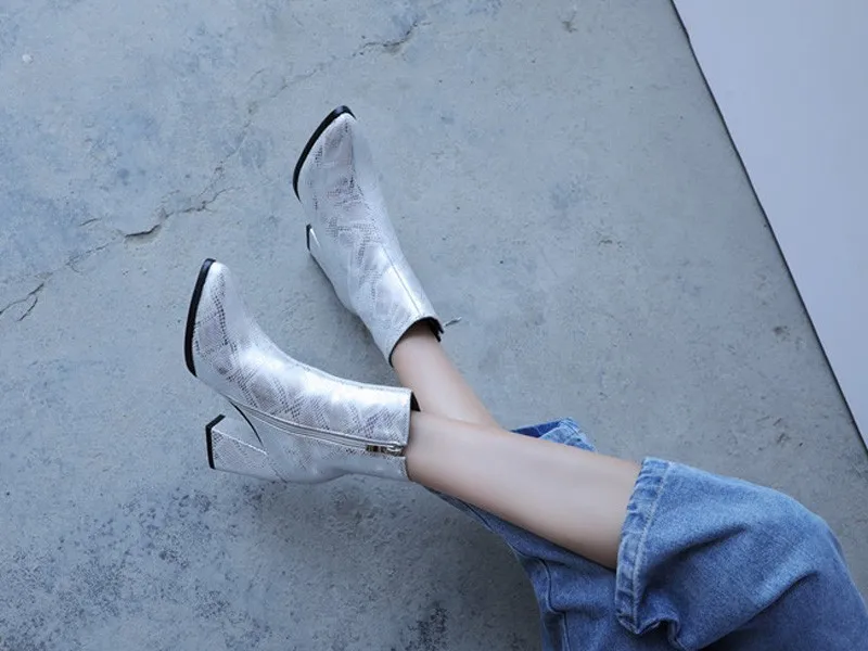 Snake Ankle Boots Women Autumn Winter Lady High Heels A275 Fashion Woman Gold Silver Brown Red Buckle Zipper Pointed Toe Shoes